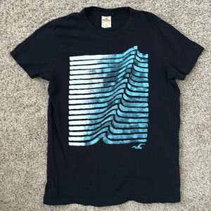 Hollister men’s small black t-shirt with white/aqua wave design in front